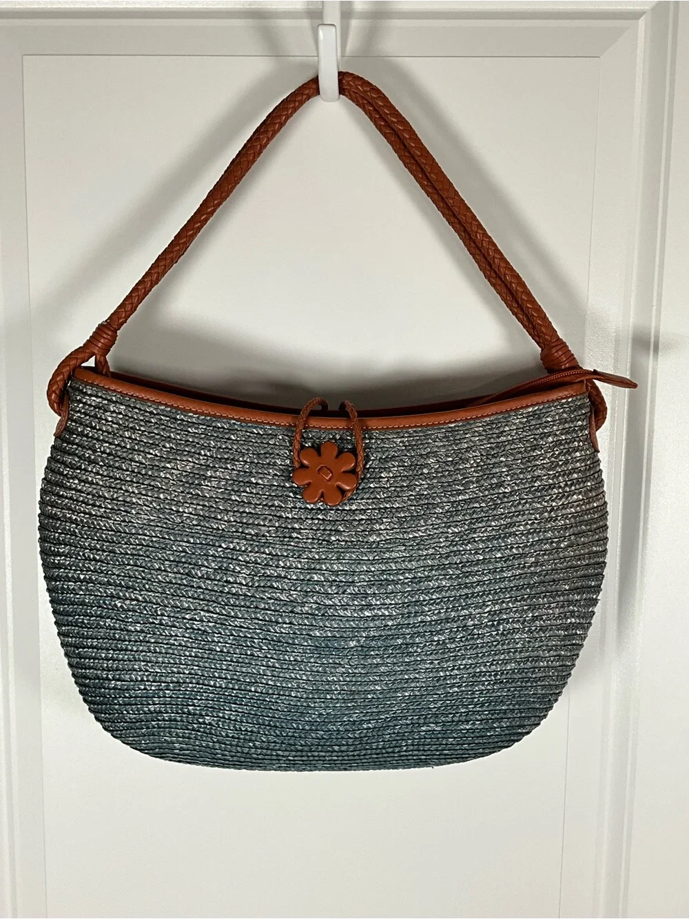Cole Haan Blue/Gray Woven Straw Raffia Shoulder Bag with Brown Trim